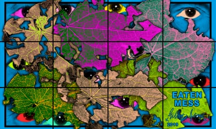 A large artwork comprising leaves and vegetation in bright colours interspersed with single eyes