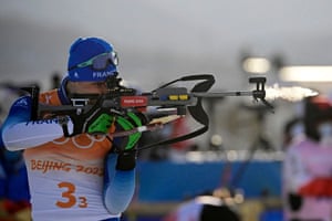 France’s Emilien Jacquelin on the mark during the Biathlon Mixed Relay 4x6km (W+M) event.