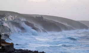Waves hit Porthleven on the Cornish coast this morning as Storm Eunice makes landfall.