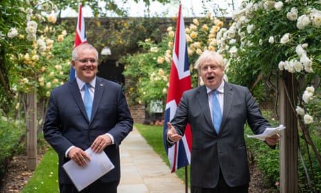 Then Australian prime minister Scott Morrison and Boris Johnson in the garden at Downing Street in 2021 after agreeing the broad terms of a free trade deal.