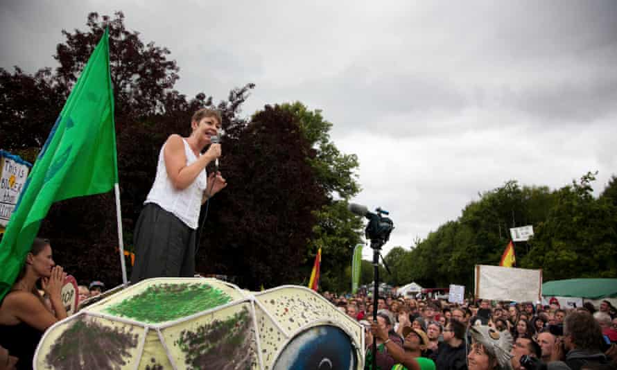 Lucas addresses thousands of protesters outside the gate to the Cuadrilla fracking site in the village of Balcombe, Sussex, in 2013.