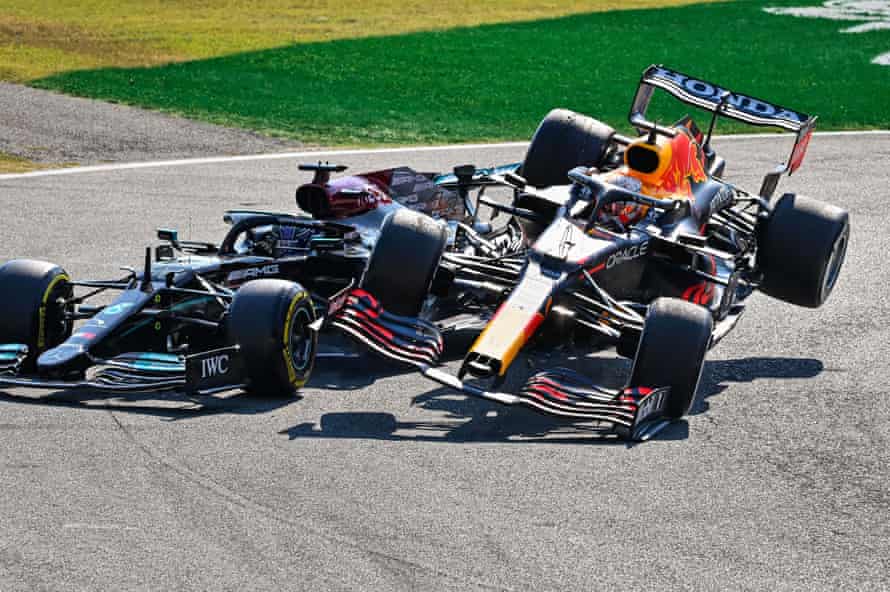 Max Verstappen’s Red Bull lands on top of Lewis Hamilton’s Mercedes at the Italian Grand Prix.