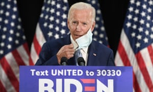 Joe Biden at an event in Dover, Delaware, on 5 June. Trump campaign officials are hoping to draw a contrast between the two candidates around the optics of masks and social distancing.