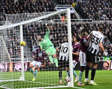 A corner from Bruno Guimarães goes straight into the Burnley net to make it 1-0.