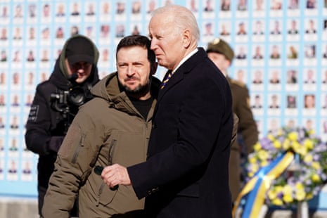 US President Joe Biden (R) is greeted by Ukrainian President Volodymyr Zelenskiy (L) in Kyiv.