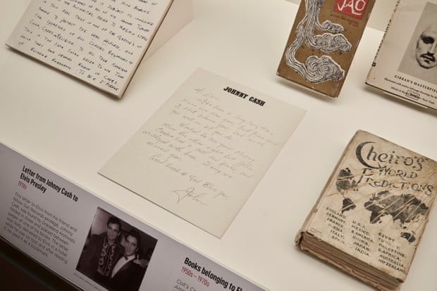 ‘We could come home at two o’clock in the morning or later, and he would go right to the books’, Priscilla says. The exhibition includes some of Elvis’s books, and this handwritten letter from Johnny Cash.