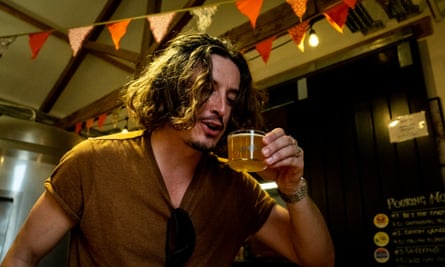 Writer Damien Gabet samples a beer at Duration Brewery in Norfolk.