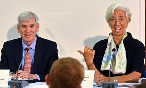 IMF MD Christine Lagarde (right), with UK Mission Chief for the IMF, Philip Gerson, this morning