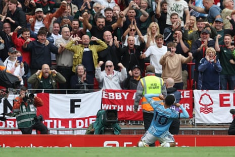 Morgan Gibbs-White and the Nottingham Forest fand celebrate after he slotted home from the penalty spot to restore the visitors’ lead.
