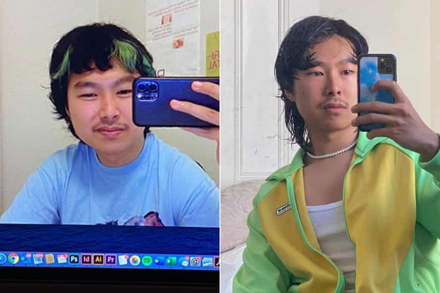 Left: Michael Sun with green streaks in 2020; right: a ‘moppy’ cut in 2021.