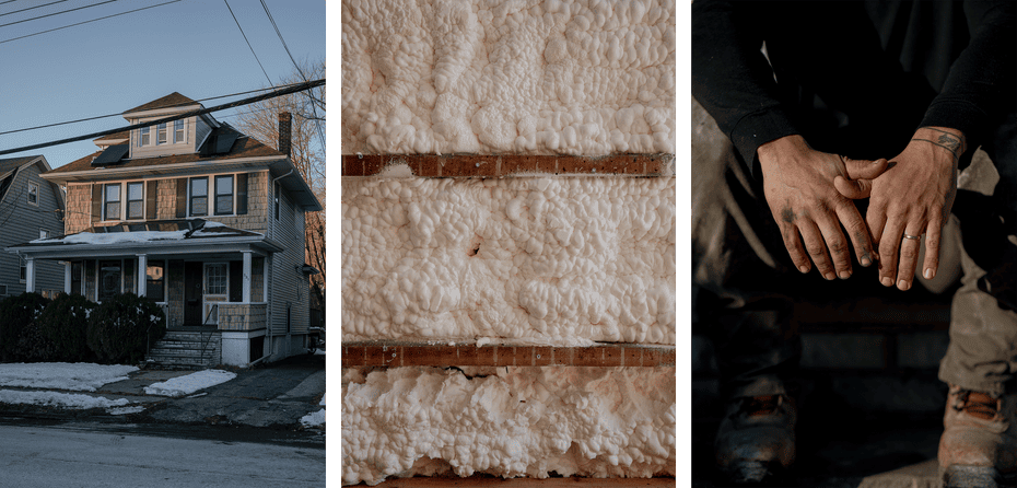 A triptych image shows Aramis Rose’s two-story home, a detailed close-up of white spray foam insulation in the walls, and a close-up image of Rosa’s hands.