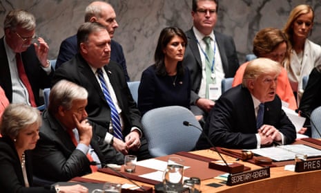 Mike Pompeo (in blue tie) and Nikki Haley back-up Donald Trump at the UN in September 2018.