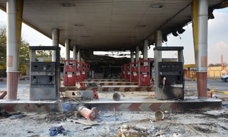A fuel station near Tehran that was burnt out during the protests