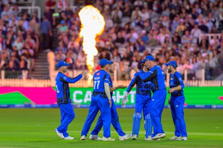 London Spirit players celebrate taking the wicket of Will Jacks during the Hundred match against Oval Invincibles.