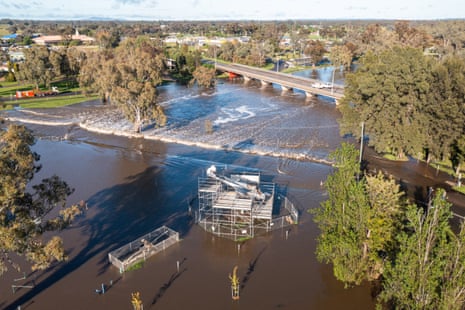 An aerial view taken with a drone shows flooding around Lake Forbes, which is fed by the swollen Lachlan River.