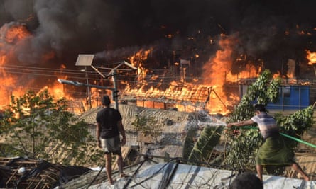 Smoke rises after a huge fire broke out at the refugee camp in Cox’s Bazar.