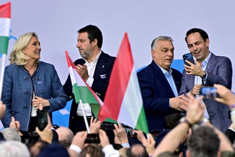 Hungarian prime minister Viktor Orbán, French far-right leader Marine Le Pen, Italy's deputy prime minister Matteo Salvini, and leader of Belgium's Vlaams Belang party Tom Van Grieken attend the first so-called "Patriots' Grand Assembly" of nationalist groups in Budapest, Hungary.