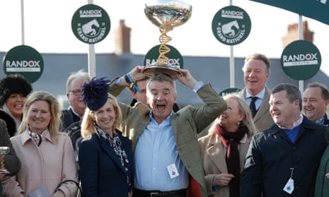 Michael O’Leary celebrating after winning a famous Grand National victory with Tiger Roll in April.