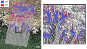 This image shows the extent of vegetation in 1993 (blue) vs. 2017 (red), derived from satellite data from the Landsat sensor, in the region around Mount Everest. Only vegetation above 4150 m, excluding north-facing slopes, is shown. The changing extent of vegetated pixels in the immediate Everest region are shown in the zoomed area to the right, with Everest highlighted.