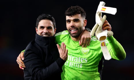 Mikel Arteta and David Raya celebrate Arsenal’s shootout victory over Porto in the last 16