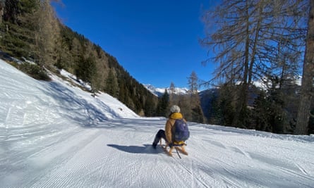 Sophie setting off from the Speikboden ski area on the sledge route down.