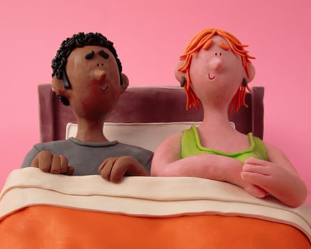 Illustration of two people in forced proximity in bed.