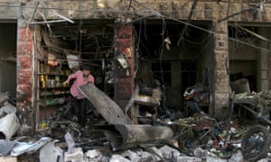 A man inspects damaged shops after an airstrike in Syria. Friday’s statement by the US military about civilian casualties during strikes did not include 16 announced in January.