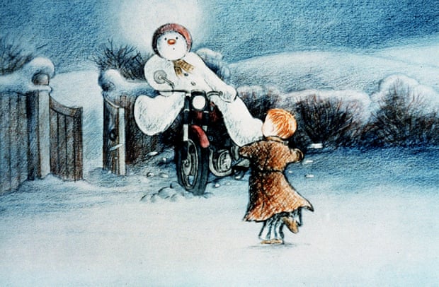 The snowman on a motorbike and the little boy in his dressing gown