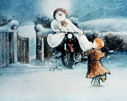 The Snowman arriving on a bicycle