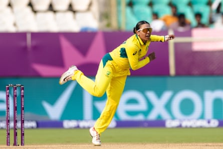 Alana King of Australia bowls during the ICC Women's Cricket World Cup India 2025 match between Australia and Bangladesh