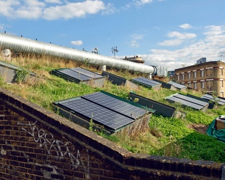 A green roof with solar panels.