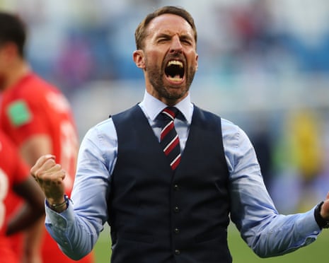 Gareth Southgate celebrates England's win over Sweden in the 2018 World Cup