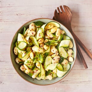 Garlic butter beans with baby courgettes, mint and lemon.