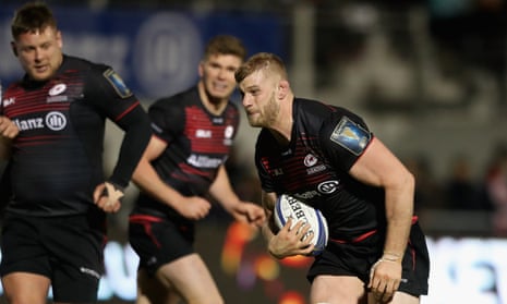 Saracens second-row forward George Kruis breaks with the ball against Clermont Auvergne