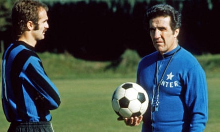 Sandro Mazzola, left, at a training session with Internazionale manager Helenio Herrera during the 1973-74 Serie A season.