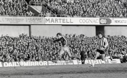 The Newcastle defender John Bird is powerless as Gary Rowell shoots to score the second goal of his hat-trick for Sunderland at St James’ Park on 24 February 1979.