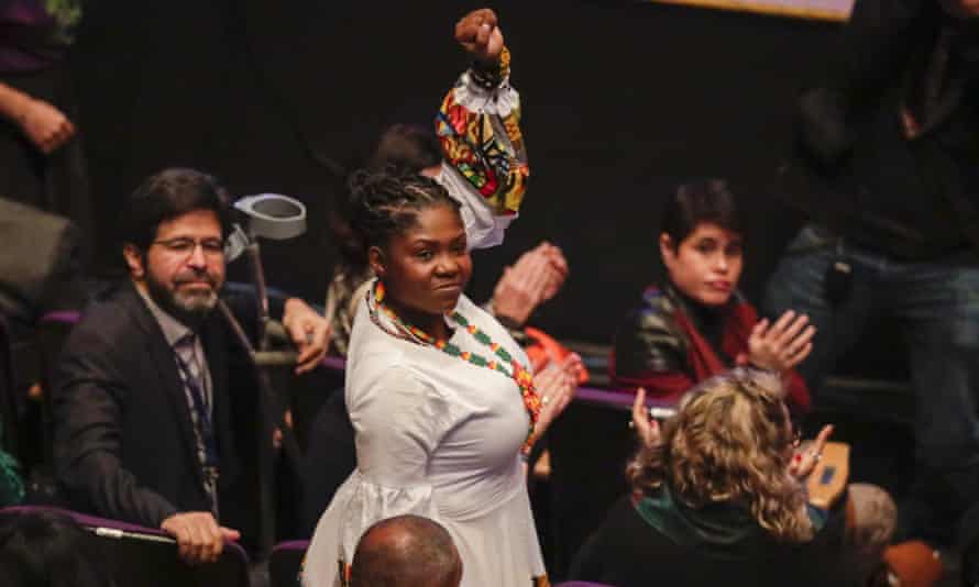 Vice Ppresident-elect Francia Márquez raises her fist during the ceremony on Tuesday.