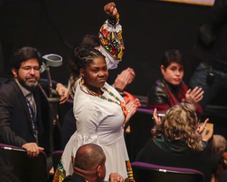 Vice President-elect Francia Marquez raises her fist during a ceremony to release a final report by a government-appointed truth commission regarding Colombia’s internal conflict, in Bogota, Colombia, June 2022.