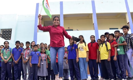 Students and teachers in Bikaner, Rajasthan, celebrate the Chandrayaan-3 landing at the moon's south pole.