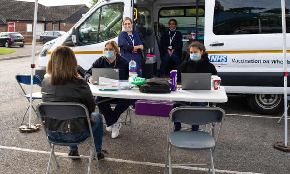 A mobile NHS vaccination unit in Datchet, Berkshire