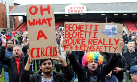 Leyton Orient fans protest against their owner Francesco Becchetti. The club has been relegated from League Two after 112 years as a league side.