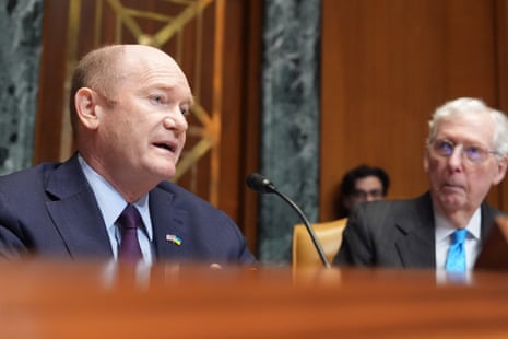 Democratic senator Chris Coons questions defence secretary Pete Hegseth at the Senate appropriations subcommittee on defence.