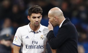 Zinedine ZIdane gives his eldest son some last-minute instructions before sending him on for the team which the France legend graced with such elegance.