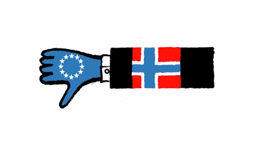 Illustration by David Foldvari of an arm with Norway-flag armband and the EU flag on its hand, thumb turned downwards.