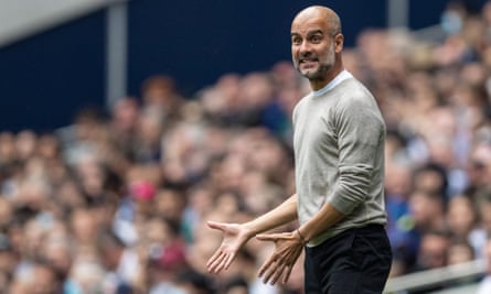 Pep Guardiola shows his frustration on Sunday as Manchester City started their title defence with a limp 1-0 defeat at Tottenham.