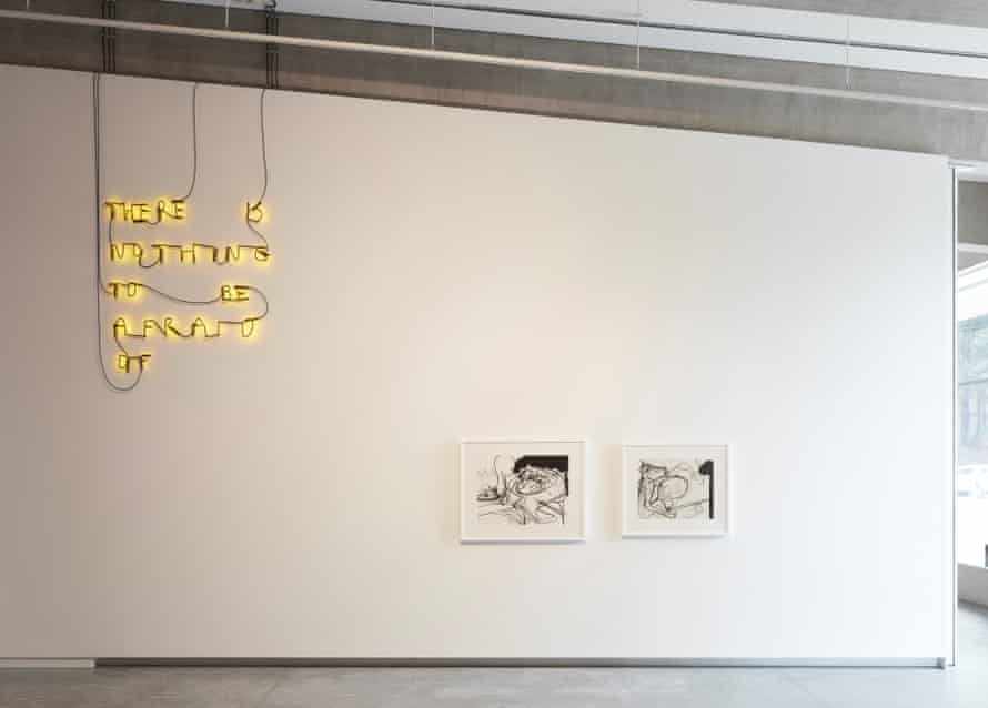 Axiom #1, a fabricated neon work by Dean Cross, hangs next to two Arthur Boyd ink drawings from the late 1960s
