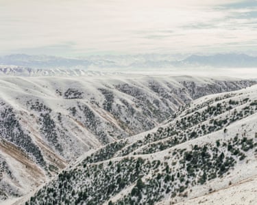 aerial view of the snow-capped Tien Shan Mountains, Naryn Region, Central Kyrgyzstan,