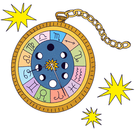 A golden stopwatch with the zodiac signs arranged in a circle