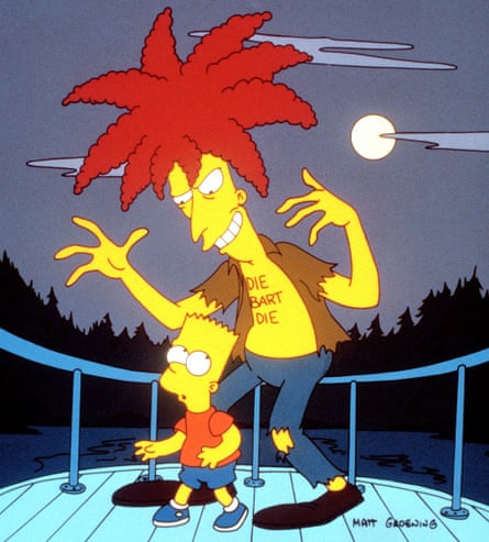 Sideshow Bob looms over Bart Simpson on the prow of a ship.