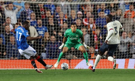 Rabbi Matondo scores Rangers’ second goal of the match at Ibrox